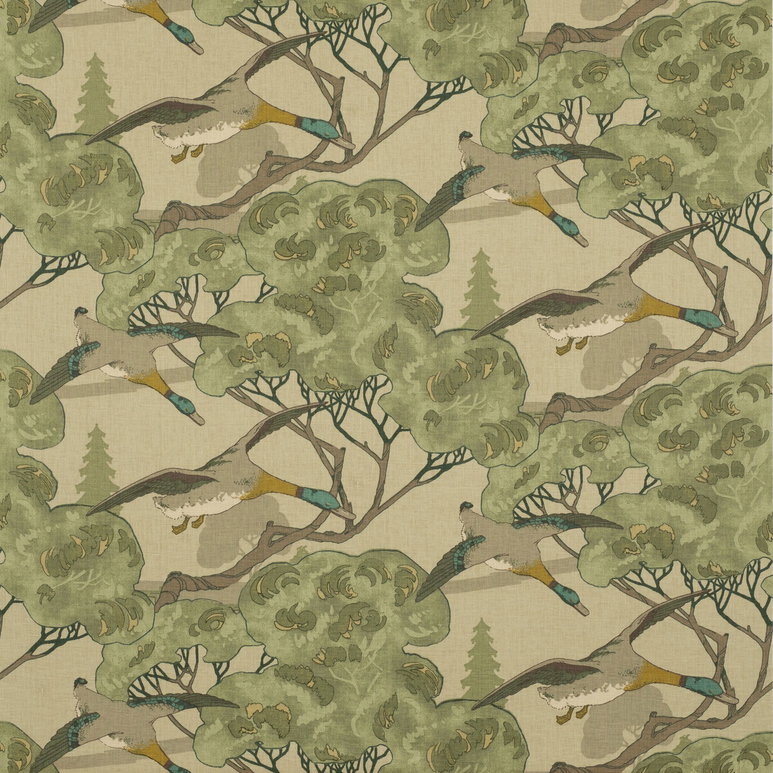 Mulberry Flying Ducks Emerald Fabric