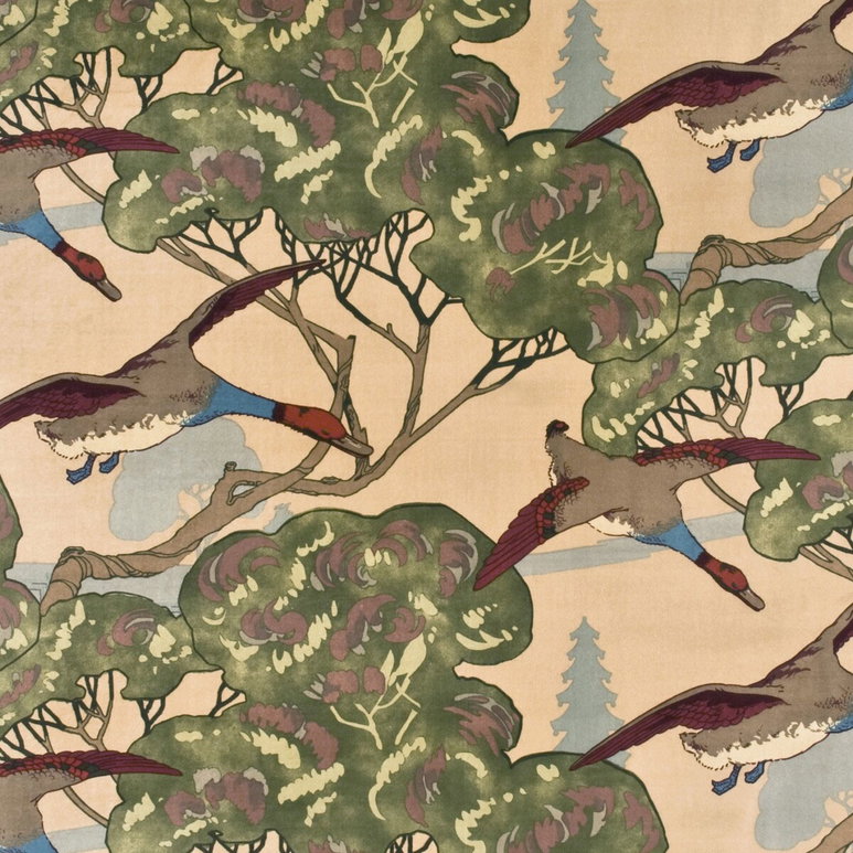 Mulberry Flying Ducks Velvet Camel Fabric