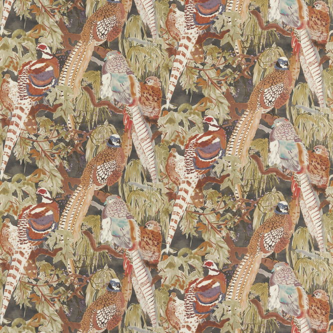 Mulberry Game Birds Linen Charcoal Fabric