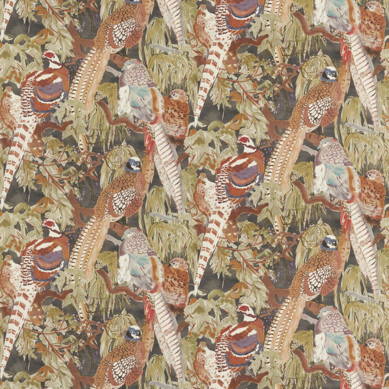 Mulberry Game Birds Linen Charcoal Fabric