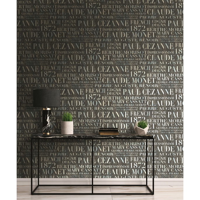 Seabrook Designs Script Metallic Pearl &amp; Ebony Wallpaper image 2 of 2