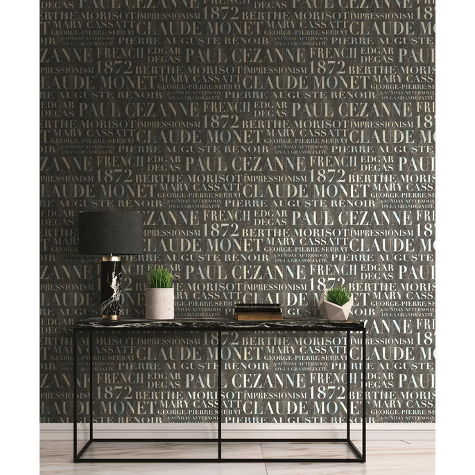 Seabrook Designs Script Metallic Pearl &amp; Ebony Wallpaper image 2 of 2