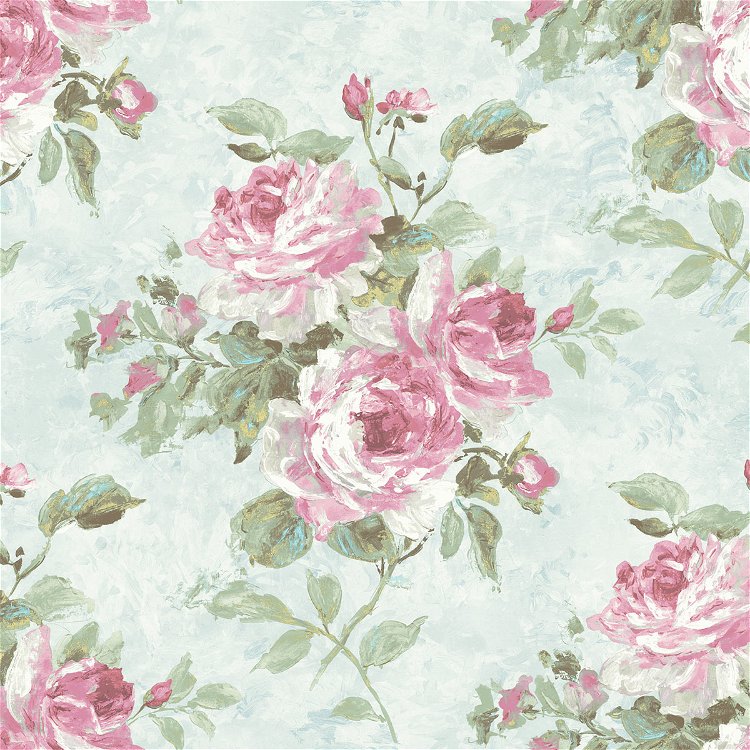 Seabrook Designs Rose Bouquet Metallic Blue & Rose Wallpaper