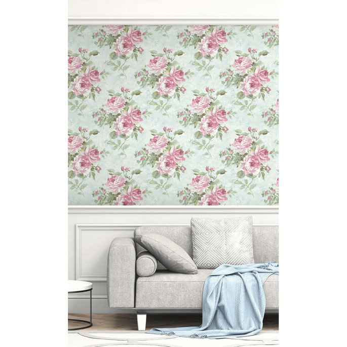 Seabrook Designs Rose Bouquet Metallic Blue &amp; Rose Wallpaper image 2 of 2