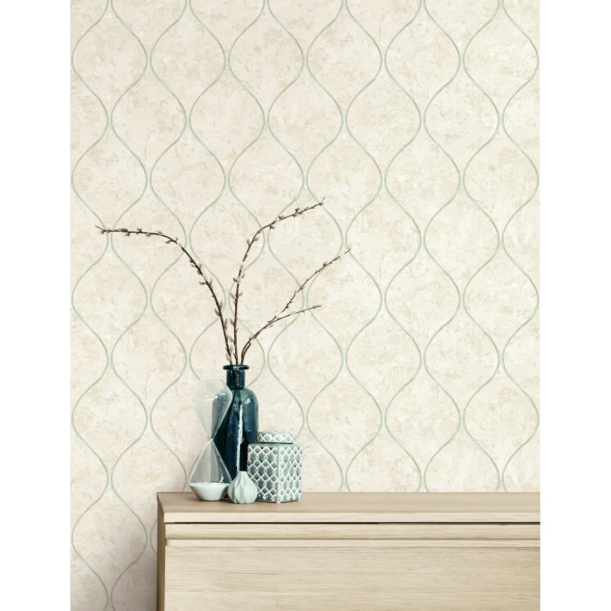 Seabrook Designs Ogee Metallic Teal & Greige Wallpaper | OnlineFabricStore