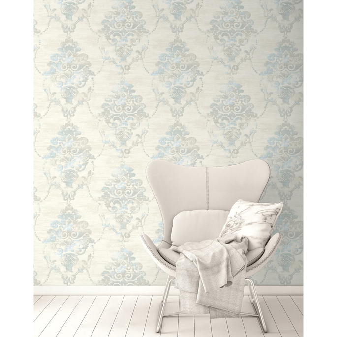 Seabrook Designs Damask Metallic Pearl &amp; Powder Blue Wallpaper image 2 of 2
