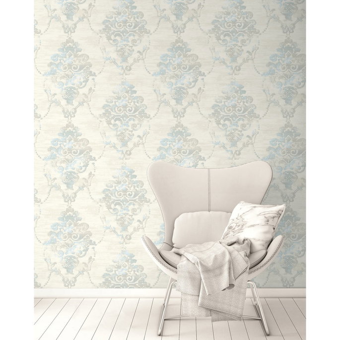 Seabrook Designs Damask Metallic Pearl &amp; Powder Blue Wallpaper image 2 of 2
