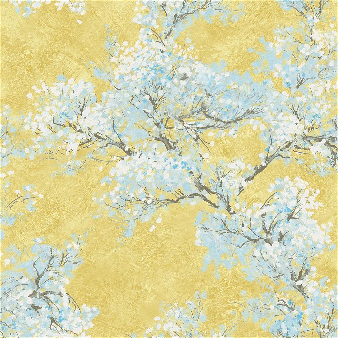 Seabrook Designs Cherry Blossoms Gold &amp; Sky Blue Wallpaper