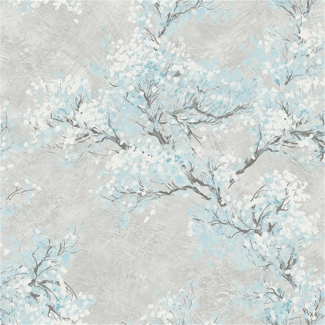 Seabrook Designs Cherry Blossoms Metallic Silver &amp; Sky Blue Wallpaper