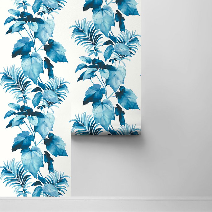 Harry &amp; Grace Peel &amp; Stick Leaf Stripe Olympic Blue Wallpaper image 2 of 4