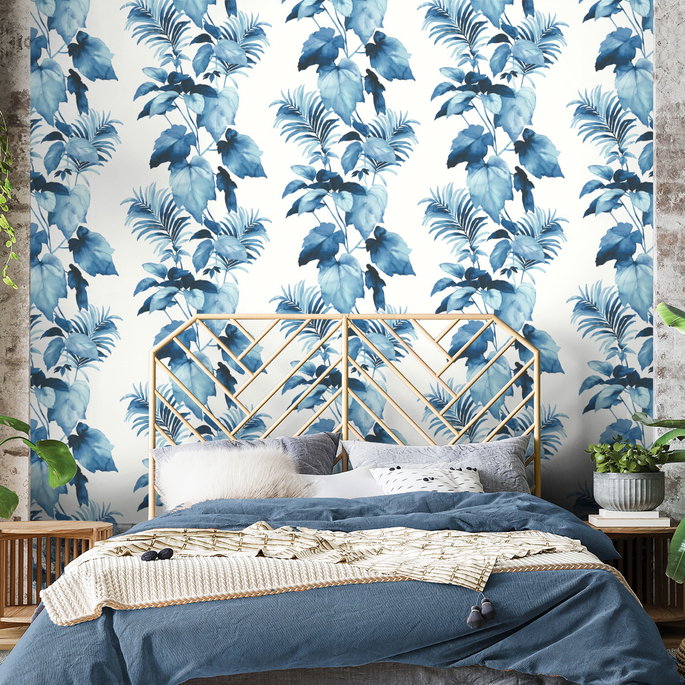 Harry &amp; Grace Peel &amp; Stick Leaf Stripe Olympic Blue Wallpaper image 3 of 4