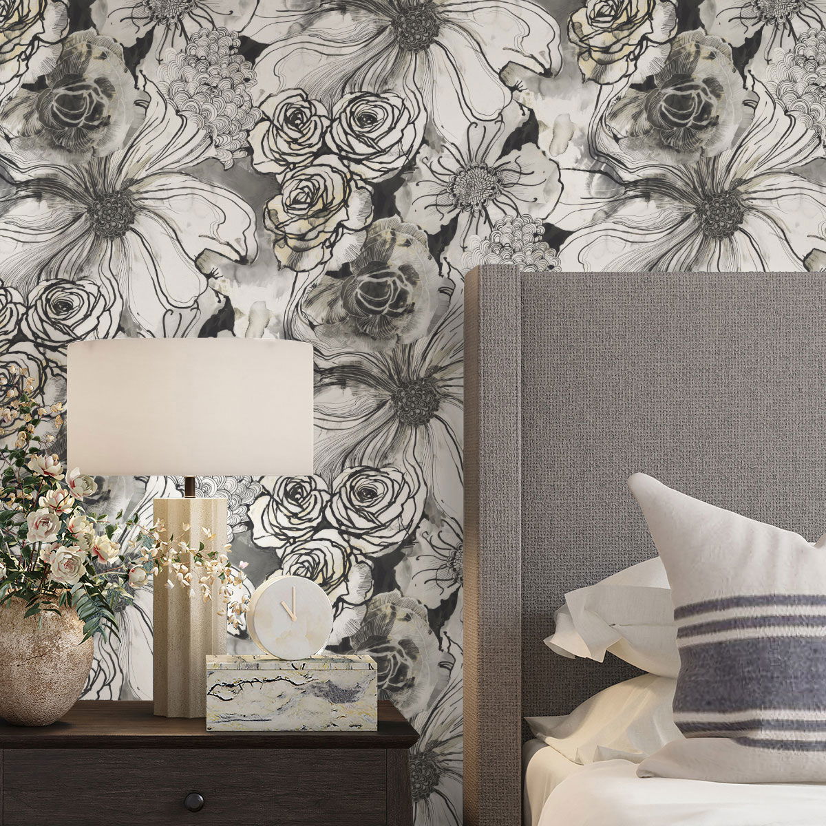 Harry & Grace Peel & Stick Ink Rose Onyx Wallpaper OnlineFabricStore