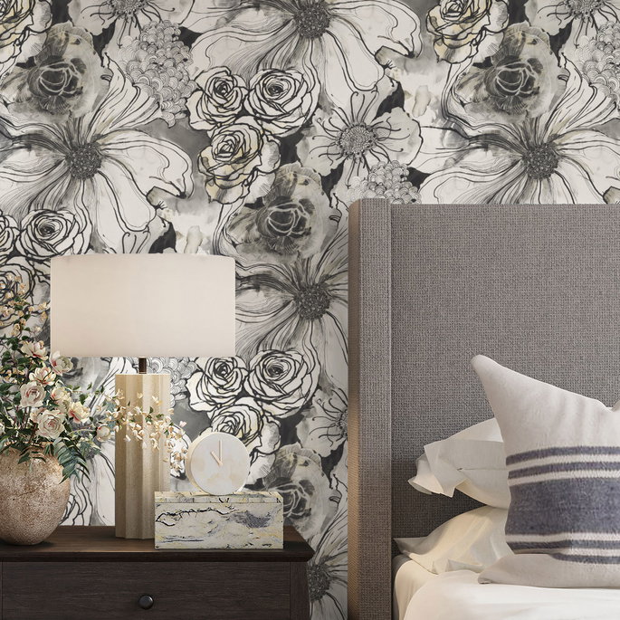 Harry &amp; Grace Peel &amp; Stick Ink Rose Onyx Wallpaper image 4 of 4