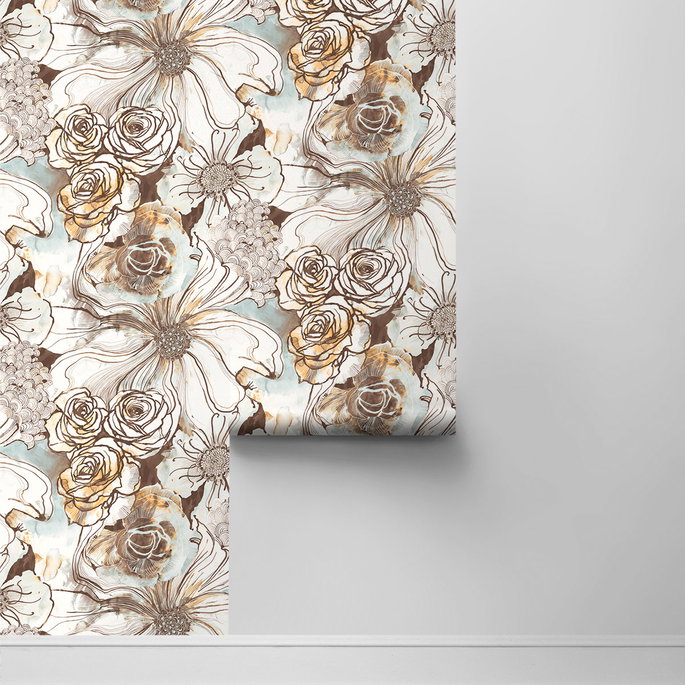 Harry &amp; Grace Peel &amp; Stick Ink Rose Mocha &amp; Blue Mist Wallpaper image 2 of 4