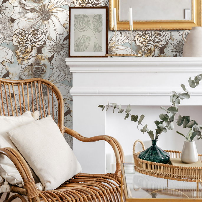 Harry &amp; Grace Peel &amp; Stick Ink Rose Mocha &amp; Blue Mist Wallpaper image 3 of 4