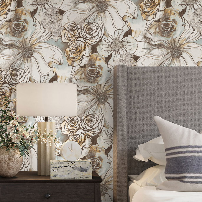 Harry &amp; Grace Peel &amp; Stick Ink Rose Mocha &amp; Blue Mist Wallpaper image 4 of 4