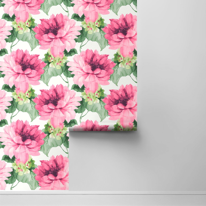 Harry &amp; Grace Peel &amp; Stick Watercolor Floral Cerise Pink &amp; Evergreen Wallpaper image 2 of 4