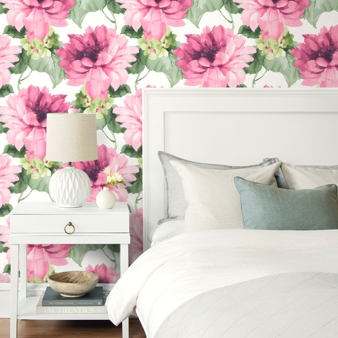 Harry &amp; Grace Peel &amp; Stick Watercolor Floral Cerise Pink &amp; Evergreen Wallpaper image 3 of 4