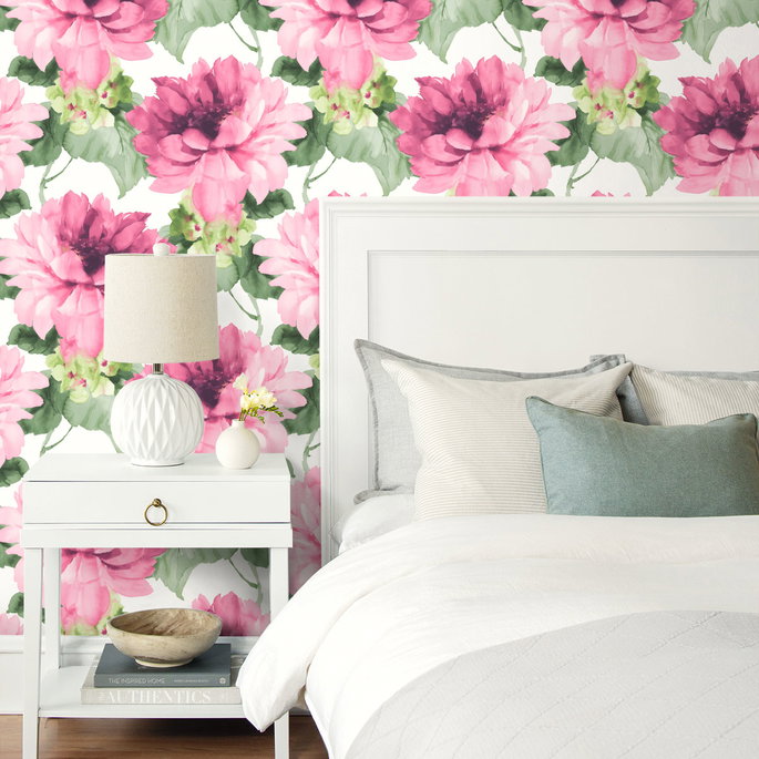 Harry &amp; Grace Peel &amp; Stick Watercolor Floral Cerise Pink &amp; Evergreen Wallpaper image 3 of 4