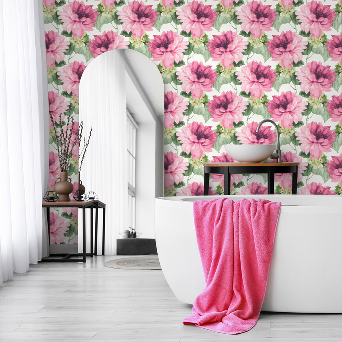 Harry &amp; Grace Peel &amp; Stick Watercolor Floral Cerise Pink &amp; Evergreen Wallpaper image 4 of 4