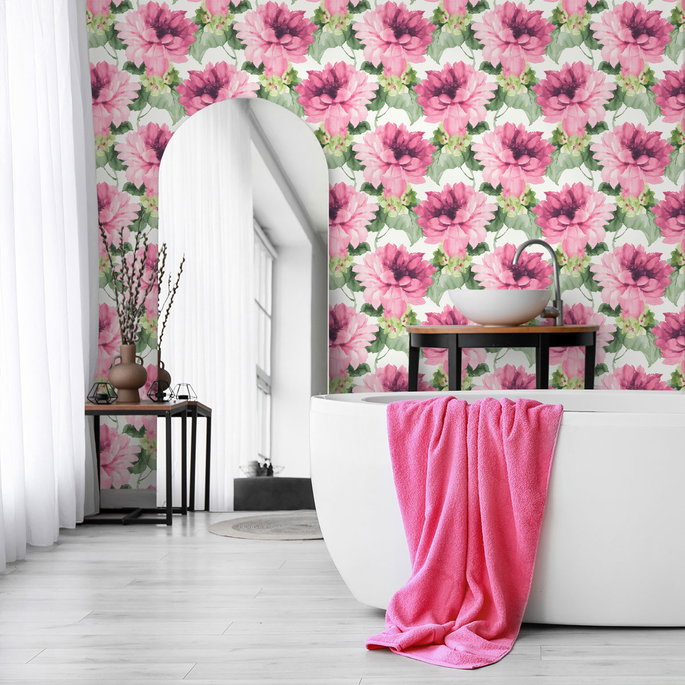Harry &amp; Grace Peel &amp; Stick Watercolor Floral Cerise Pink &amp; Evergreen Wallpaper image 4 of 4
