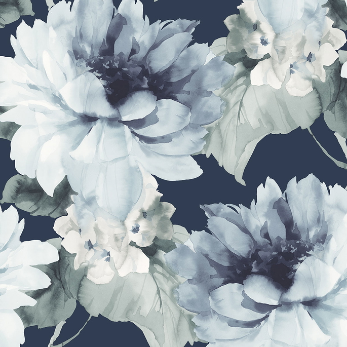 Harry &amp; Grace Peel &amp; Stick Watercolor Floral Navy Blue &amp; Slate Green Wallpaper image 1 of 4