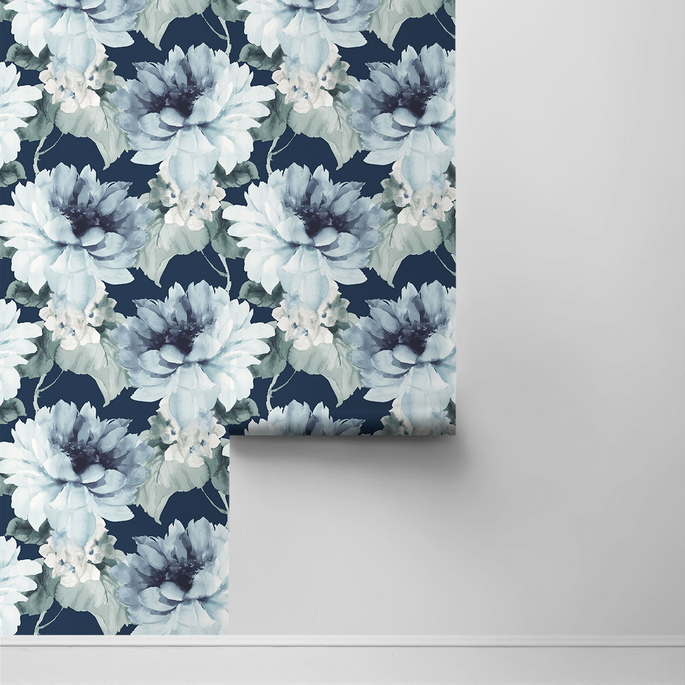Harry &amp; Grace Peel &amp; Stick Watercolor Floral Navy Blue &amp; Slate Green Wallpaper image 2 of 4