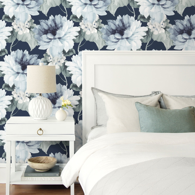 Harry &amp; Grace Peel &amp; Stick Watercolor Floral Navy Blue &amp; Slate Green Wallpaper image 3 of 4