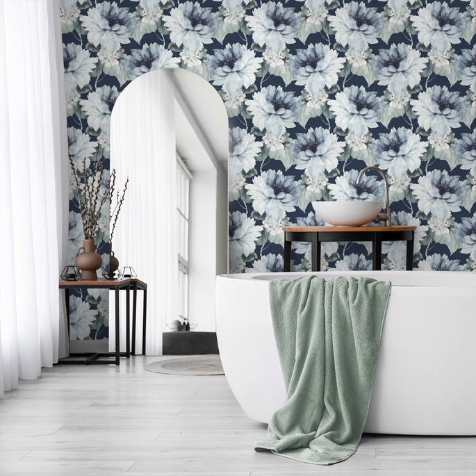 Harry &amp; Grace Peel &amp; Stick Watercolor Floral Navy Blue &amp; Slate Green Wallpaper image 4 of 4