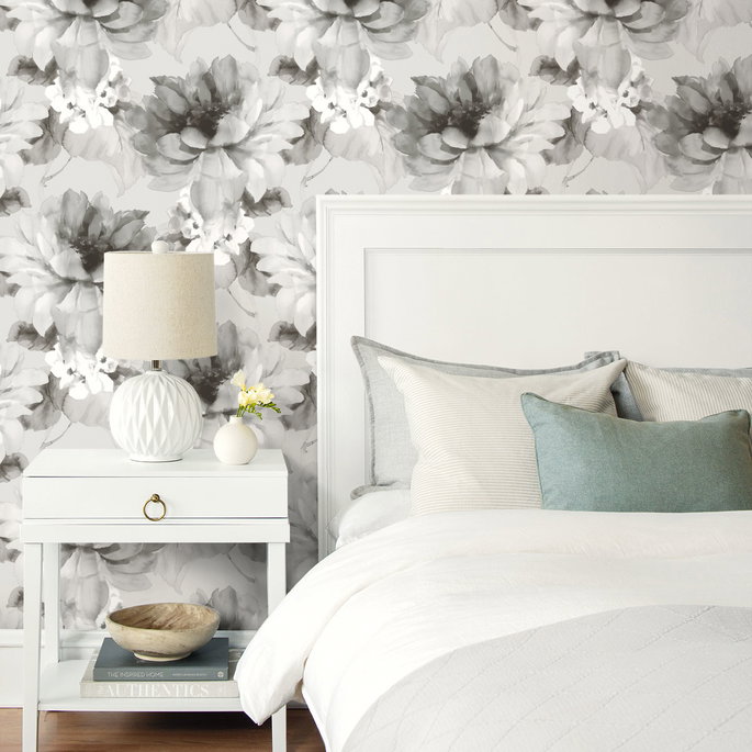 Harry &amp; Grace Peel &amp; Stick Watercolor Floral Ash &amp; Metallic Silver Wallpaper image 3 of 4