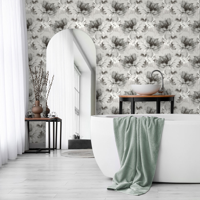 Harry &amp; Grace Peel &amp; Stick Watercolor Floral Ash &amp; Metallic Silver Wallpaper image 4 of 4