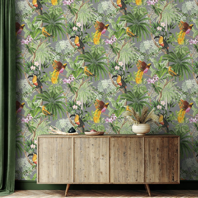 Harry &amp; Grace Peel &amp; Stick Tropical Bird Grey Wallpaper image 2 of 5