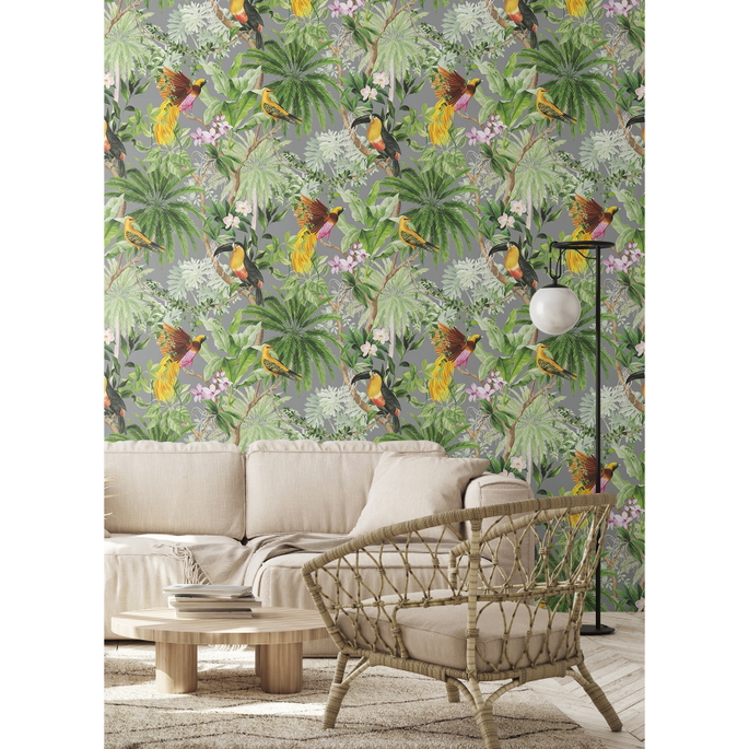 Harry &amp; Grace Peel &amp; Stick Tropical Bird Grey Wallpaper image 4 of 5