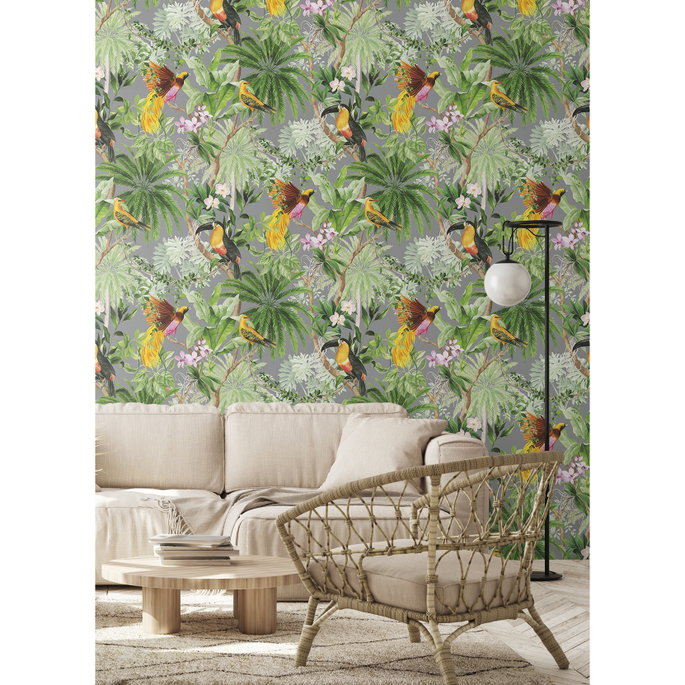 Harry &amp; Grace Peel &amp; Stick Tropical Bird Grey Wallpaper image 4 of 5