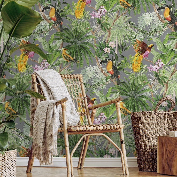 Harry &amp; Grace Peel &amp; Stick Tropical Bird Grey Wallpaper image 5 of 5
