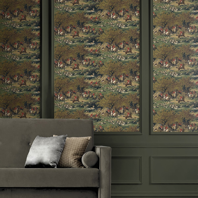 Harry &amp; Grace Peel &amp; Stick Taunton Hunt Scene Olive &amp; Midnight Wallpaper image 3 of 6
