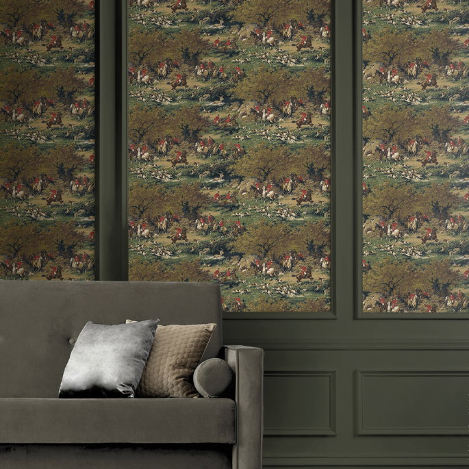 Harry &amp; Grace Peel &amp; Stick Taunton Hunt Scene Olive &amp; Midnight Wallpaper image 3 of 6