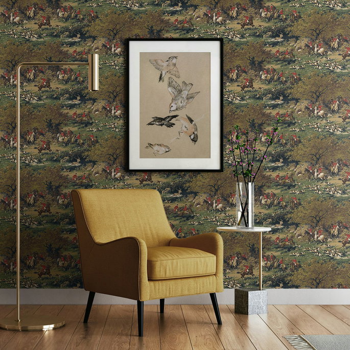 Harry &amp; Grace Peel &amp; Stick Taunton Hunt Scene Olive &amp; Midnight Wallpaper image 4 of 6