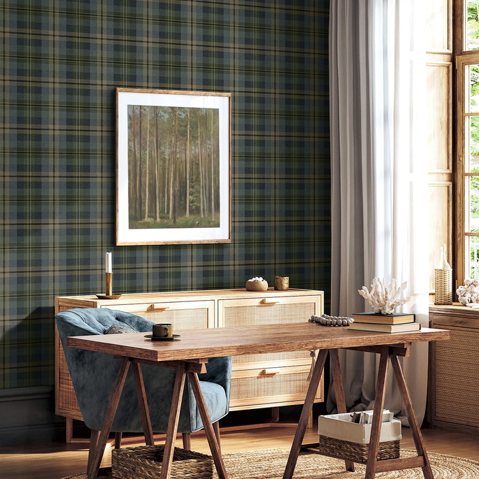 Harry &amp; Grace Peel &amp; Stick Thornbury Tailored Plaid Deep Sea Wallpaper image 2 of 6