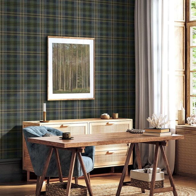 Harry &amp; Grace Peel &amp; Stick Thornbury Tailored Plaid Deep Sea Wallpaper image 2 of 6