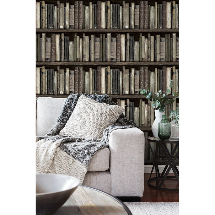 Harry &amp; Grace Peel &amp; Stick Faux Bookshelves Shale Wallpaper image 4 of 6