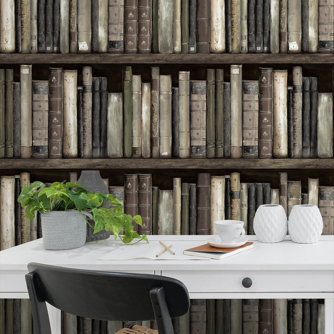 Harry &amp; Grace Peel &amp; Stick Faux Bookshelves Shale Wallpaper image 5 of 6