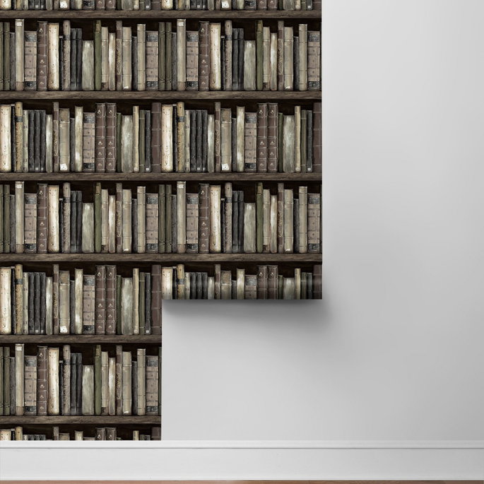 Harry &amp; Grace Peel &amp; Stick Faux Bookshelves Shale Wallpaper image 6 of 6