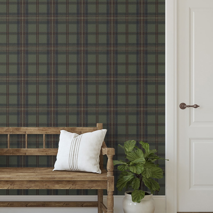 Harry &amp; Grace Peel &amp; Stick Herringbone Plaid Adobe &amp; Antique Green Wallpaper image 2 of 6