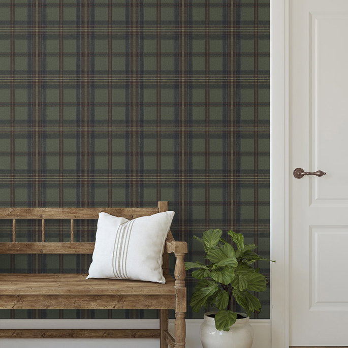 Harry &amp; Grace Peel &amp; Stick Herringbone Plaid Adobe &amp; Antique Green Wallpaper image 2 of 6