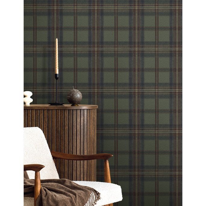 Harry &amp; Grace Peel &amp; Stick Herringbone Plaid Adobe &amp; Antique Green Wallpaper image 3 of 6