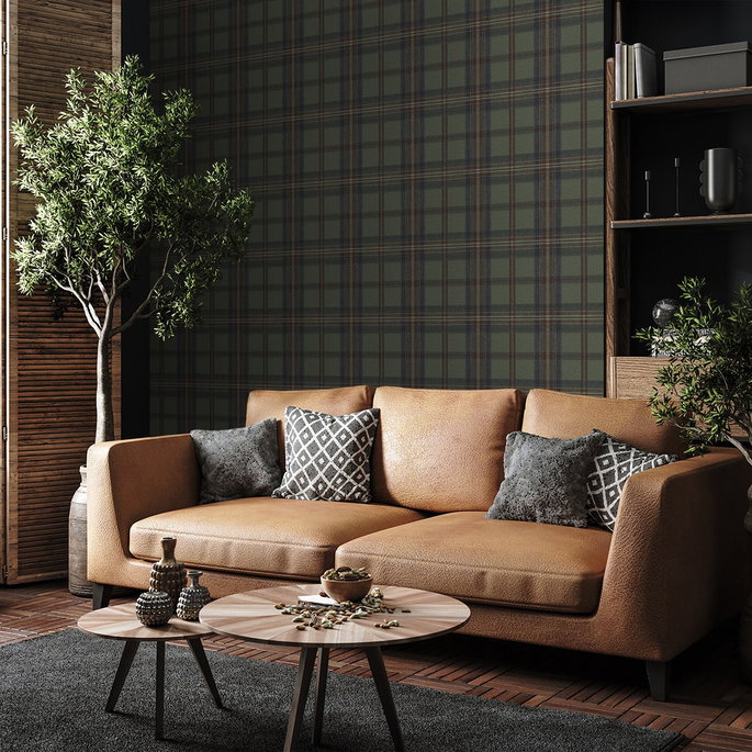 Harry &amp; Grace Peel &amp; Stick Herringbone Plaid Adobe &amp; Antique Green Wallpaper image 4 of 6