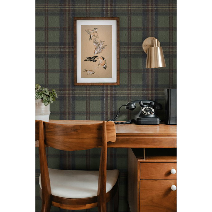 Harry &amp; Grace Peel &amp; Stick Herringbone Plaid Adobe &amp; Antique Green Wallpaper image 5 of 6