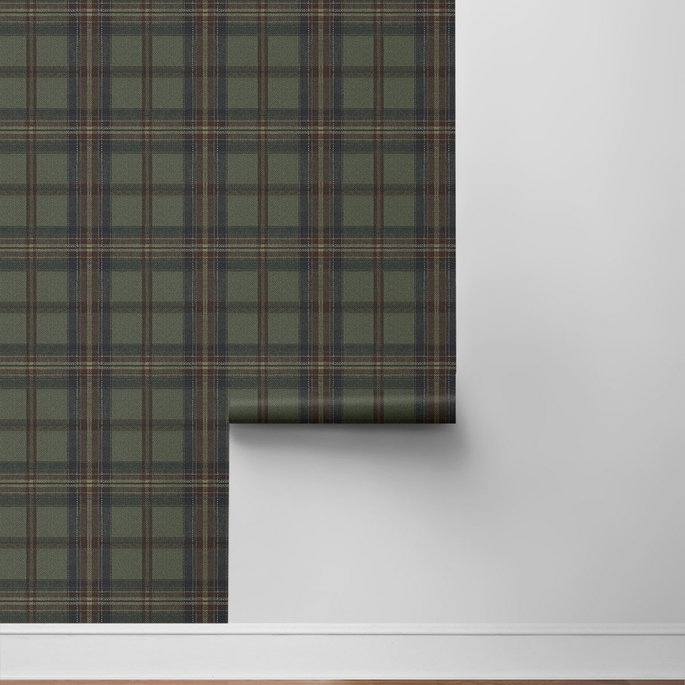 Harry &amp; Grace Peel &amp; Stick Herringbone Plaid Adobe &amp; Antique Green Wallpaper image 6 of 6