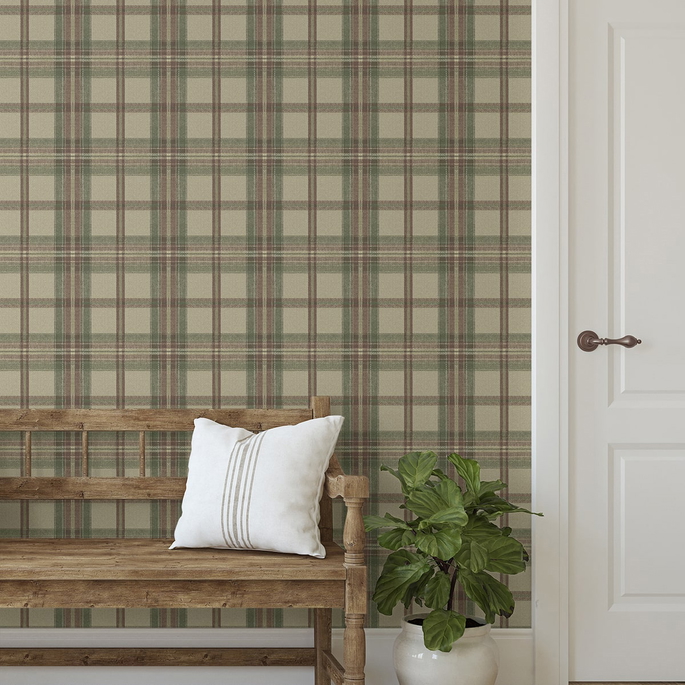 Harry &amp; Grace Peel &amp; Stick Herringbone Plaid Clay &amp; Sage Wallpaper image 2 of 6